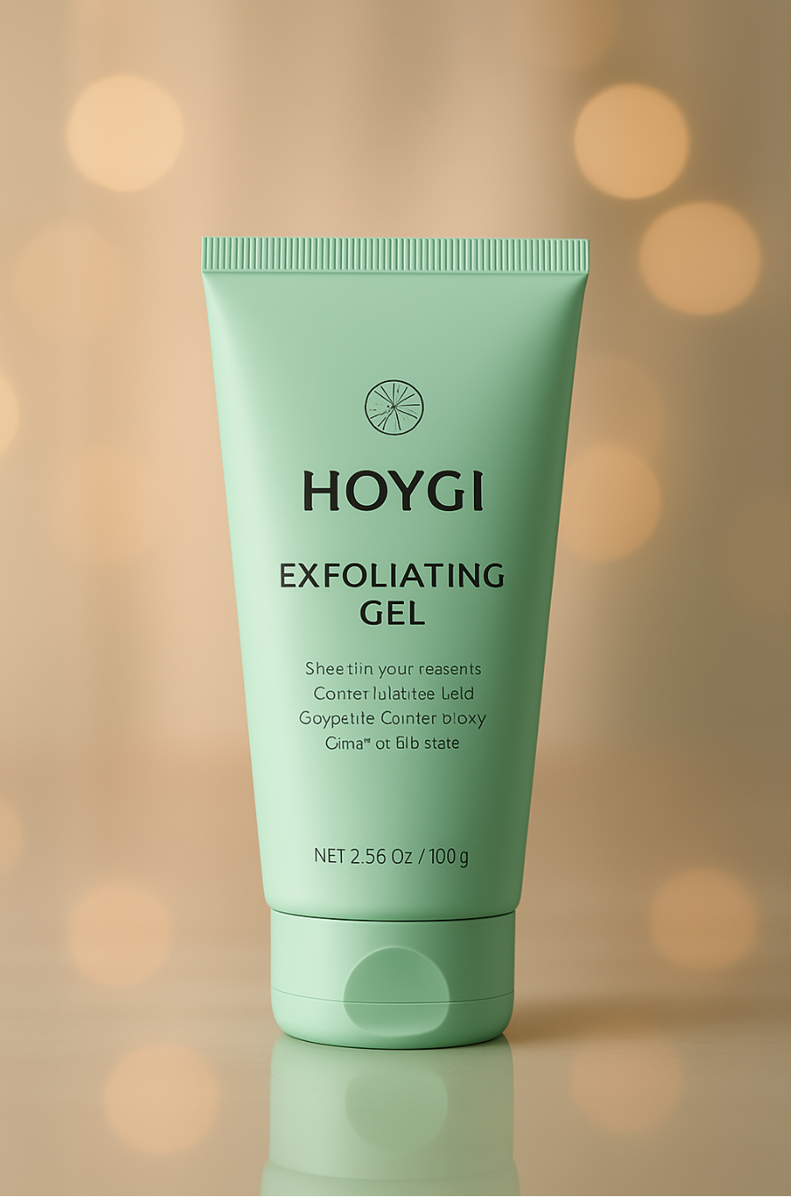 Green tube of Hoygi Exfoliating Gel on a blurred background