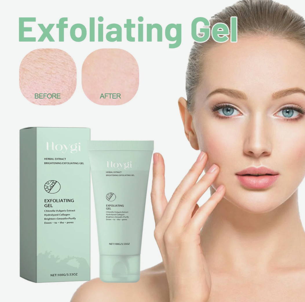Exfoliating gel packaging with a woman's face showing before and after effects.